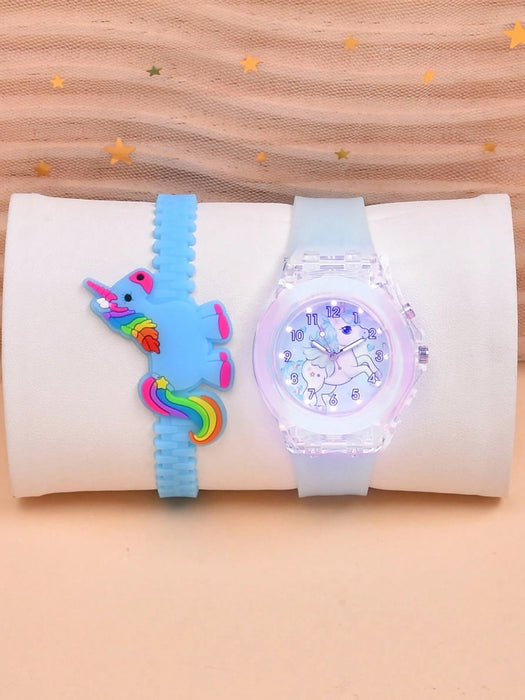 SHEIN Reloj de pulsera de cuarzo con unicornio y luz LED de silicona suave para niños - Quierox - Tienda Online