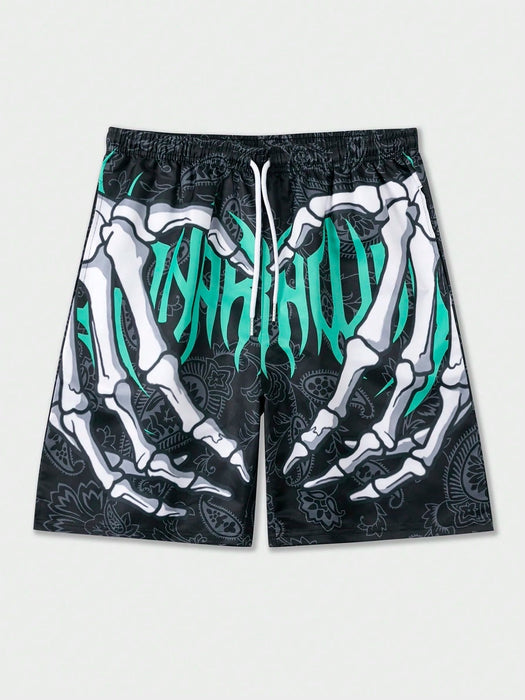 SHEIN ROMWE MEN Street Life Bermudas De Hombre Con Estampado De Calaveras Y Manos - Quierox - Tienda Online