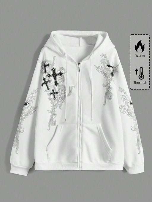 SHEIN ROMWE Sudadera con capucha térmica de manga larga con cremallera y estampado de cruz - Quierox - Tienda Online
