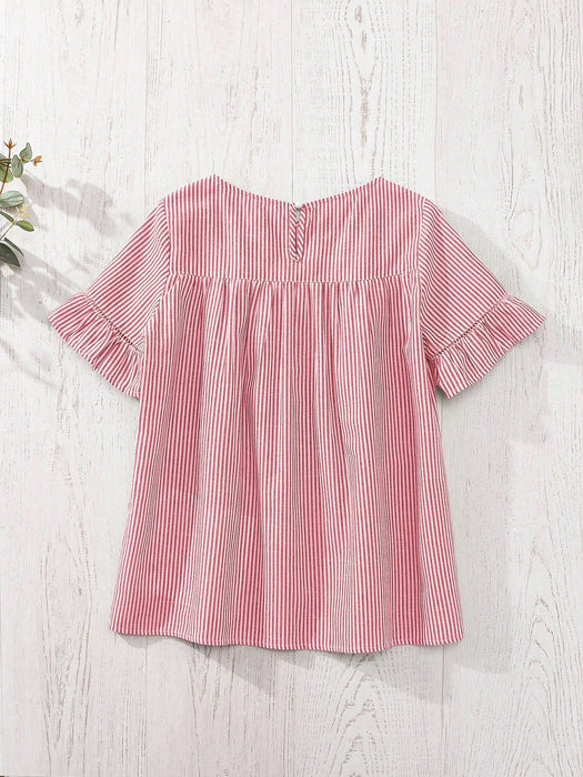SHEIN Rusticease Blusa holgada de manga corta con volantes y estampado a cuadros para mujer, estilo campestre - Quierox - Tienda Online