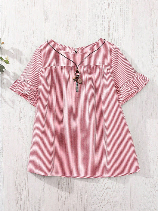 SHEIN Rusticease Blusa holgada de manga corta con volantes y estampado a cuadros para mujer, estilo campestre - Quierox - Tienda Online