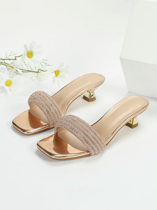 Shein Sandalias abiertas de tacón esculturales decoradas con rhinestones, sandalias mula glamorosas - Quierox - Tienda Online