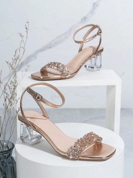 Shein Sandalias de tacón alto de moda para mujer con tacones de cristal y decoración de diamantes de imitación - Quierox - Tienda Online