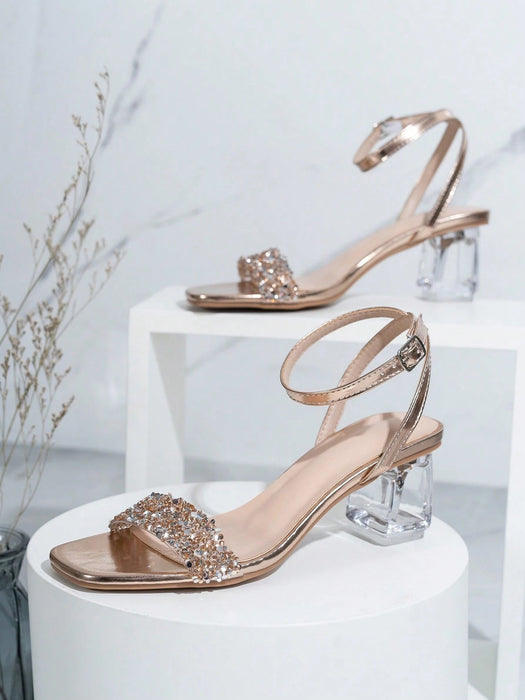 Shein Sandalias de tacón alto de moda para mujer con tacones de cristal y decoración de diamantes de imitación - Quierox - Tienda Online