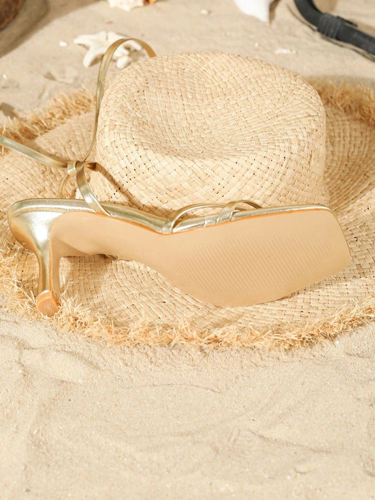 SHEIN Sandalias de tacón alto para mujer con punta cuadrada y tiras finas. - Quierox - Tienda Online