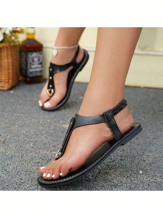 Shein Sandalias planas con punta redonda, elásticas, con remaches para mujer - Quierox - Tienda Online