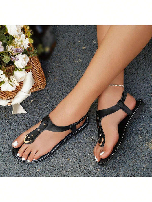 Shein Sandalias planas con punta redonda, elásticas, con remaches para mujer - Quierox - Tienda Online