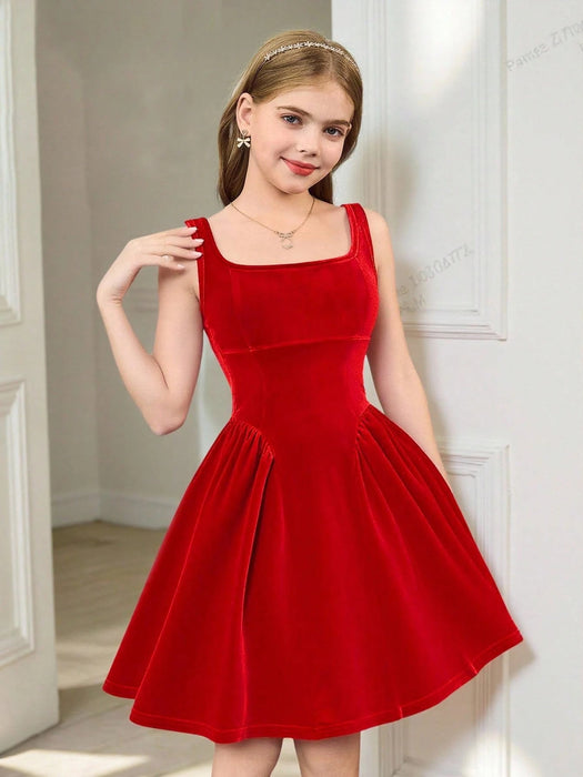 SHEIN Serisse Kids - Vestido elegante de terciopelo con lazo en la cintura, sin mangas - Quierox - Tienda Online