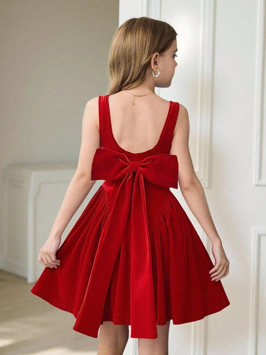 SHEIN Serisse Kids - Vestido elegante de terciopelo con lazo en la cintura, sin mangas - Quierox - Tienda Online