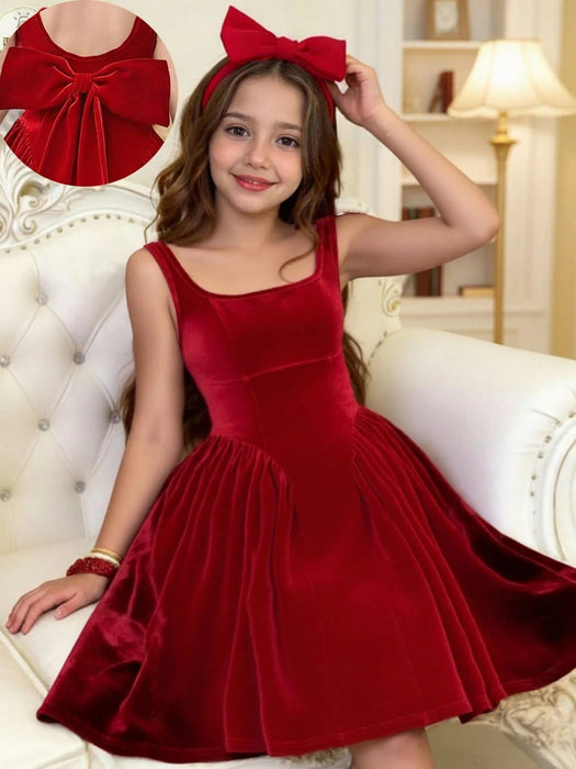 SHEIN Serisse Kids - Vestido elegante de terciopelo con lazo en la cintura, sin mangas - Quierox - Tienda Online