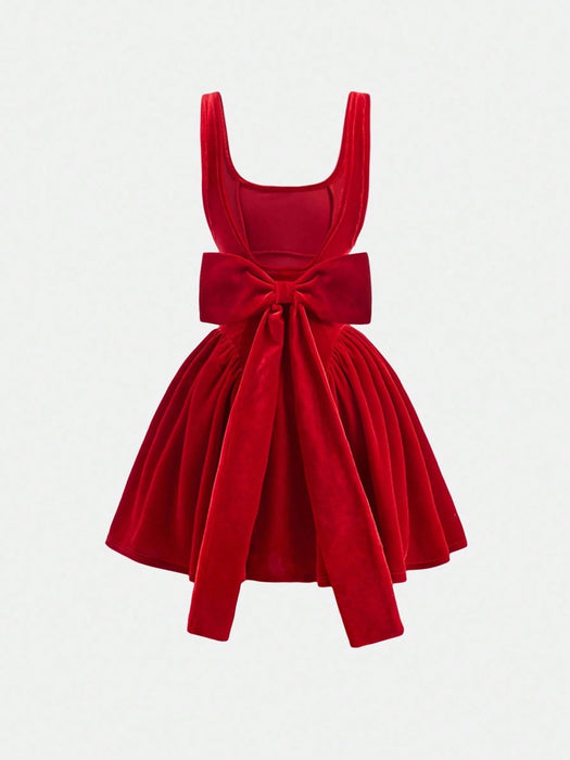 SHEIN Serisse Kids - Vestido elegante de terciopelo con lazo en la cintura, sin mangas - Quierox - Tienda Online