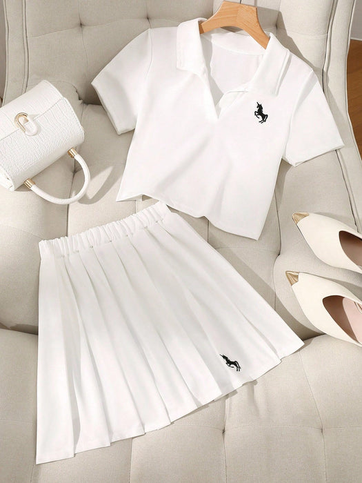 SHEIN Set de 2 piezas: Camisa tipo polo casual y deportiva + Falda plisada - Quierox - Tienda Online