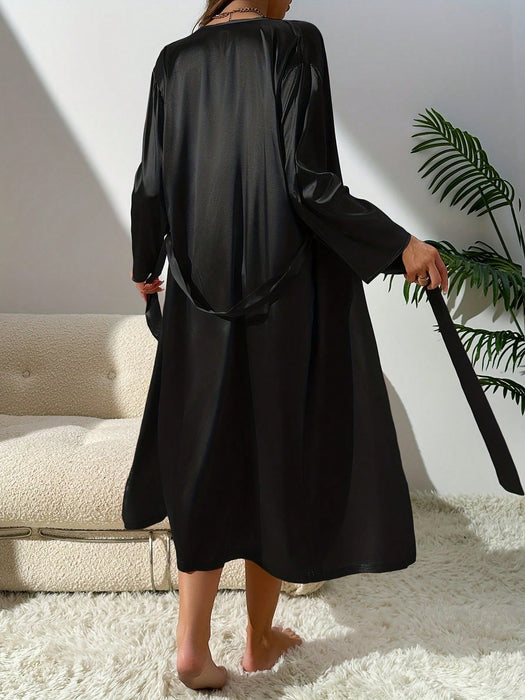SHEIN Set de 2 piezas de bata y camisón de dormir con cinturón de seda sintética - Quierox - Tienda Online