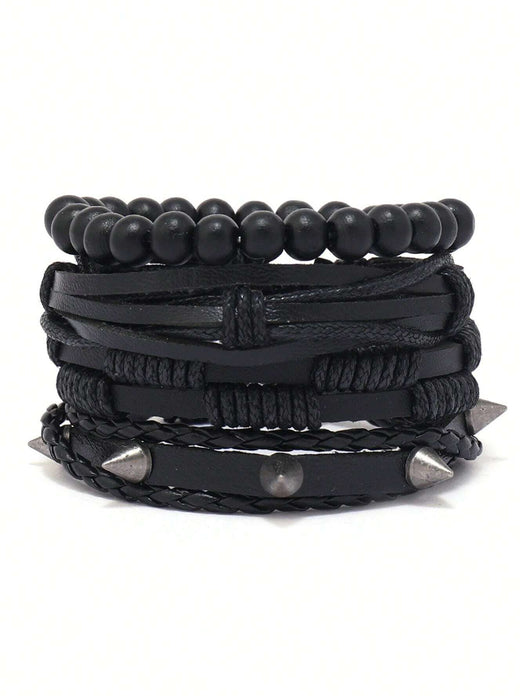 SHEIN Set de 4 pulseras de cuero trenzado negro con remaches - Quierox - Tienda Online