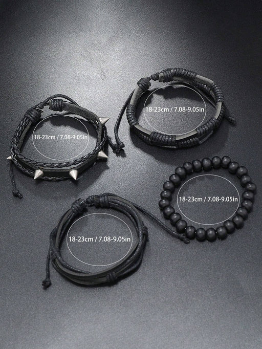 SHEIN Set de 4 pulseras de cuero trenzado negro con remaches - Quierox - Tienda Online