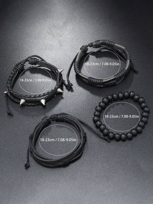 SHEIN Set de 4 pulseras de cuero trenzado negro con remaches - Quierox - Tienda Online