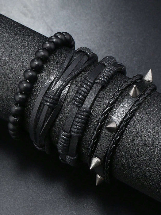 SHEIN Set de 4 pulseras de cuero trenzado negro con remaches - Quierox - Tienda Online