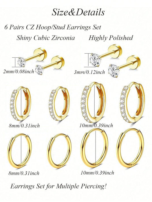 SHEIN Set de 6 piezas de aretes elegantes, aretes de acero inoxidable - Quierox - Tienda Online