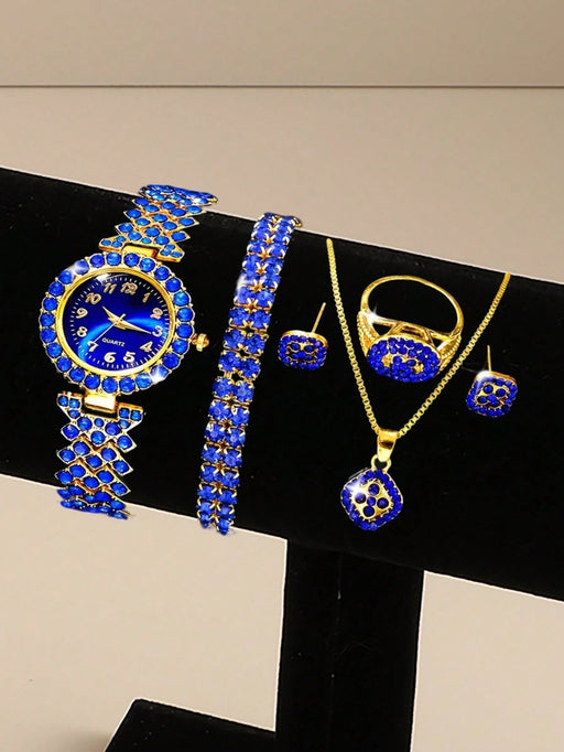 SHEIN Set de 6 piezas: Reloj de mujer, pulsera de mujer de lujo con diamantes de imitación azules - Quierox - Tienda Online