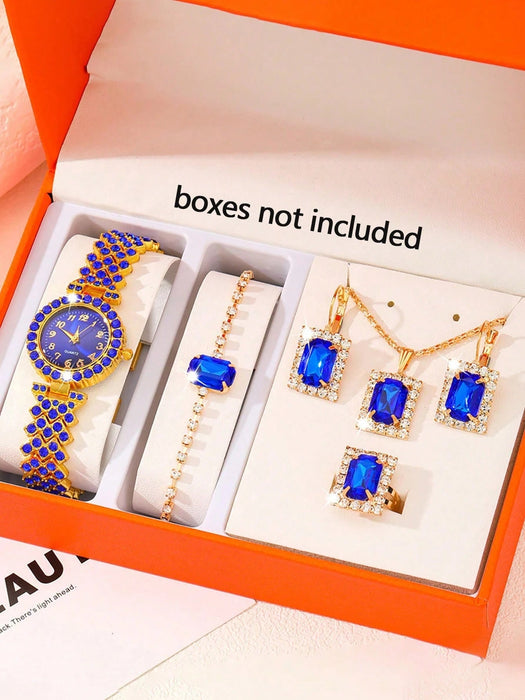 SHEIN Set de 6 piezas: Reloj de mujer, pulsera de mujer de lujo con diamantes de imitación azules - Quierox - Tienda Online