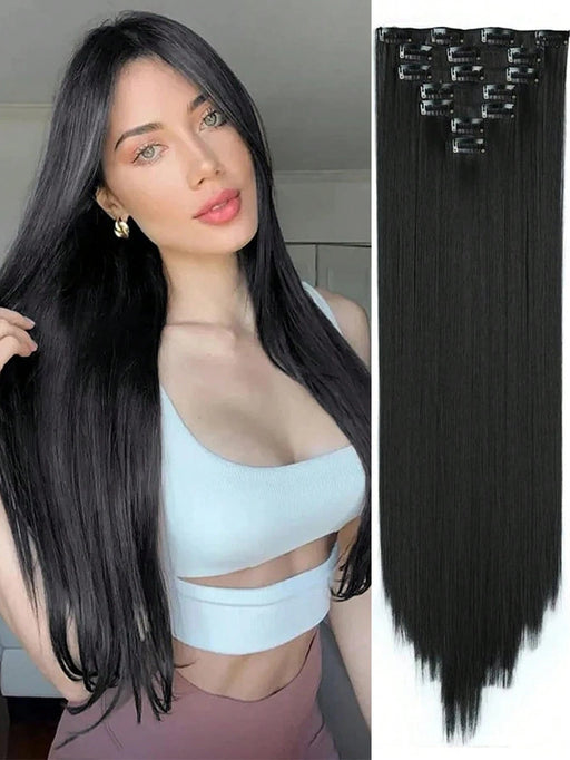 Shein Set de 7 extensiones de cabello de 24" con clip, cabello negro liso, ombre natural, fibra resistente al calor, para mujeres - Quierox - Tienda Online