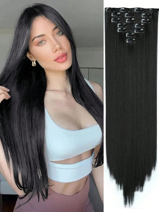 Shein Set de 7 extensiones de cabello de 24" con clip, cabello negro liso, ombre natural, fibra resistente al calor, para mujeres - Quierox - Tienda Online