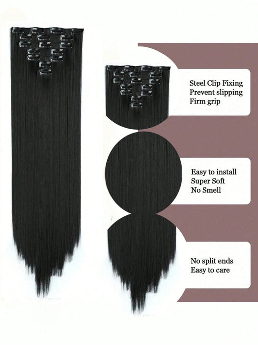 Shein Set de 7 extensiones de cabello de 24" con clip, cabello negro liso, ombre natural, fibra resistente al calor, para mujeres - Quierox - Tienda Online