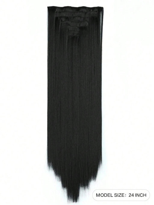Shein Set de 7 extensiones de cabello de 24" con clip, cabello negro liso, ombre natural, fibra resistente al calor, para mujeres - Quierox - Tienda Online