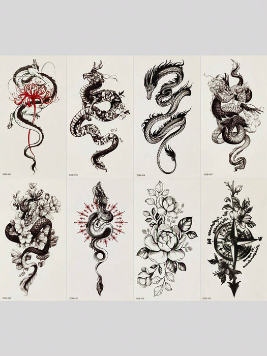 Shein Set de 8 tatuajes temporales de tótem negro con purpurina, con diseños de dragón, serpiente, peonía y mas - Quierox - Tienda Online