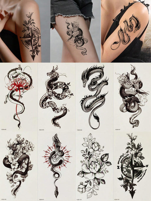 Shein Set de 8 tatuajes temporales de tótem negro con purpurina, con diseños de dragón, serpiente, peonía y mas - Quierox - Tienda Online