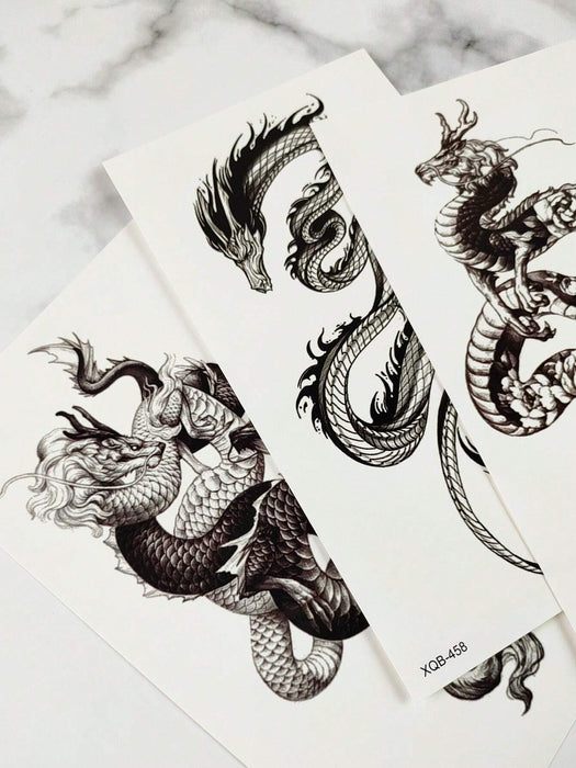 Shein Set de 8 tatuajes temporales de tótem negro con purpurina, con diseños de dragón, serpiente, peonía y mas - Quierox - Tienda Online