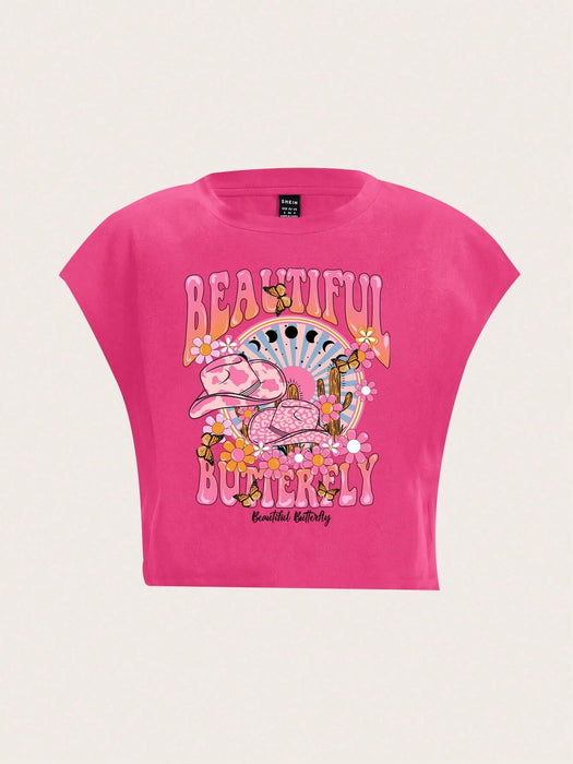 SHEIN Slaydiva Camiseta corta de manga corta, estampado floral y de letras para mujer - Quierox - Tienda Online