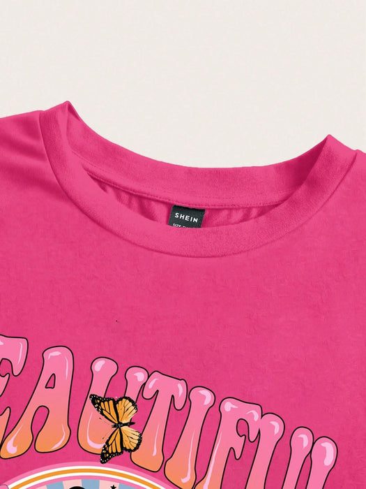 SHEIN Slaydiva Camiseta corta de manga corta, estampado floral y de letras para mujer - Quierox - Tienda Online