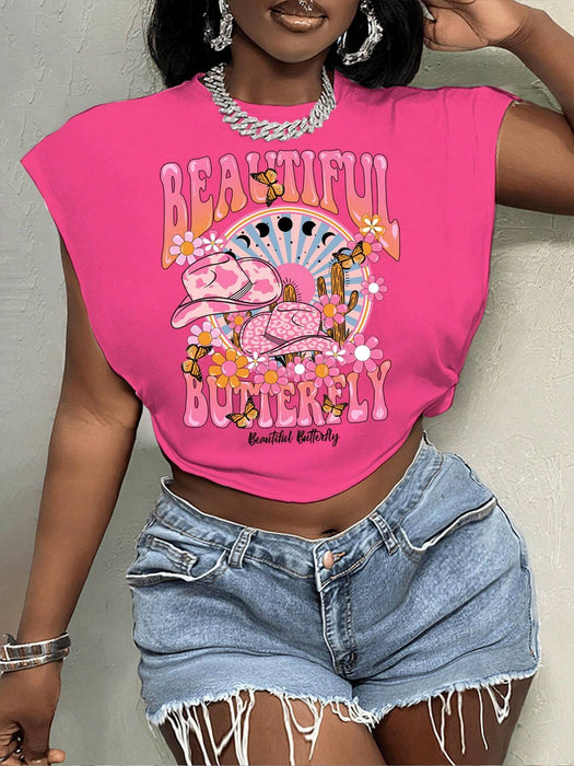 SHEIN Slaydiva Camiseta corta de manga corta, estampado floral y de letras para mujer - Quierox - Tienda Online