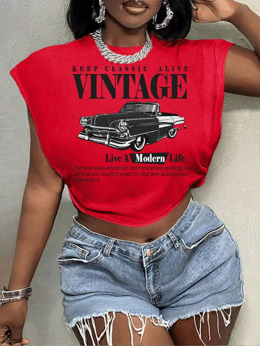 SHEIN Slaydiva Camiseta fina de manga corta con estampado de coche clásico para mujer - Quierox - Tienda Online