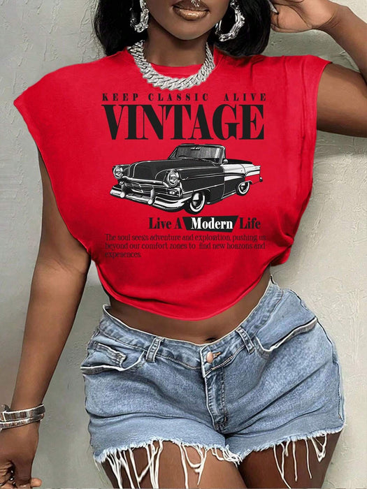 SHEIN Slaydiva Camiseta fina de manga corta con estampado de coche clásico para mujer - Quierox - Tienda Online