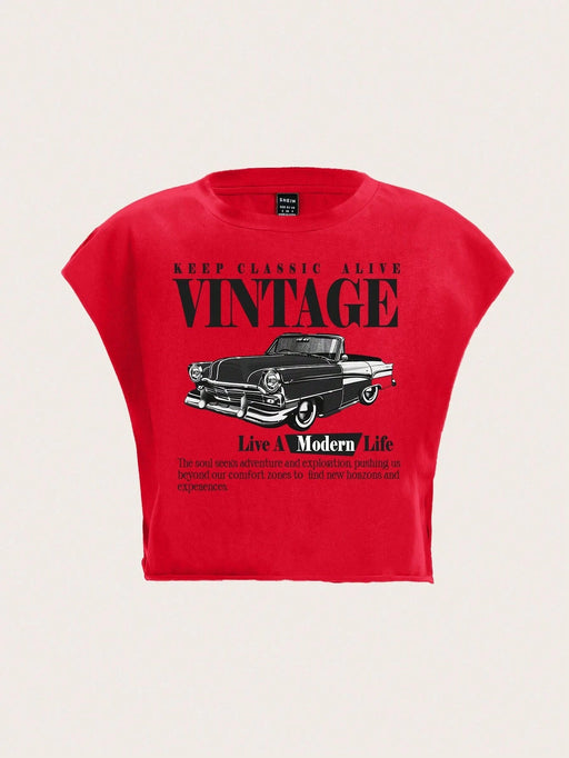 SHEIN Slaydiva Camiseta fina de manga corta con estampado de coche clásico para mujer - Quierox - Tienda Online