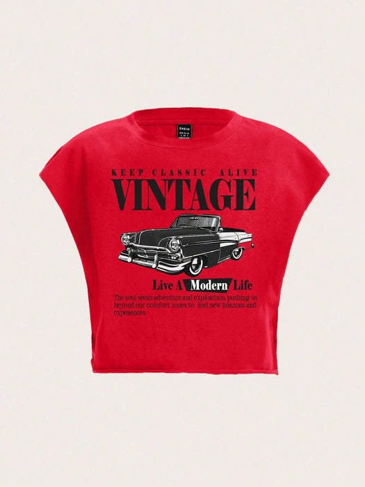 SHEIN Slaydiva Camiseta fina de manga corta con estampado de coche clásico para mujer - Quierox - Tienda Online