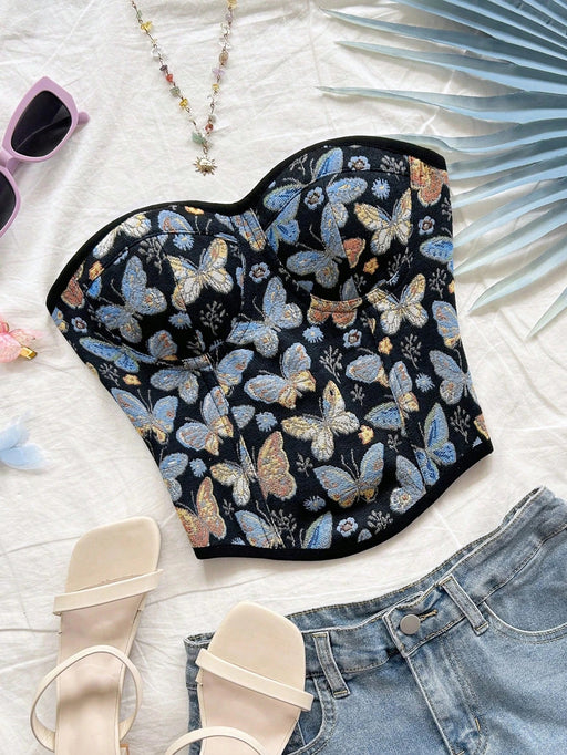 Shein Soleia New Vacation Top corto tipo bandeau con estampado de mariposas y lazo en la espalda - Quierox - Tienda Online