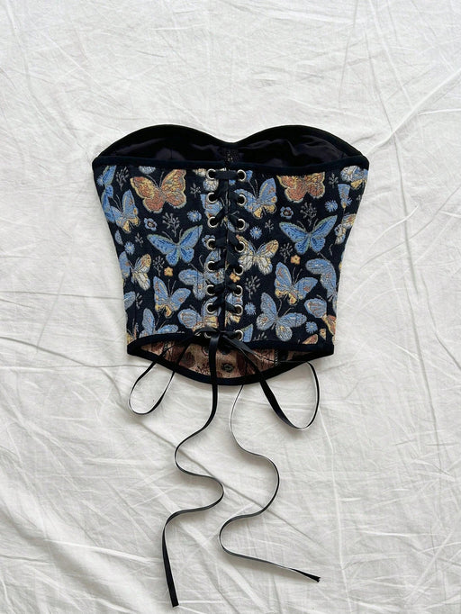 Shein Soleia New Vacation Top corto tipo bandeau con estampado de mariposas y lazo en la espalda - Quierox - Tienda Online