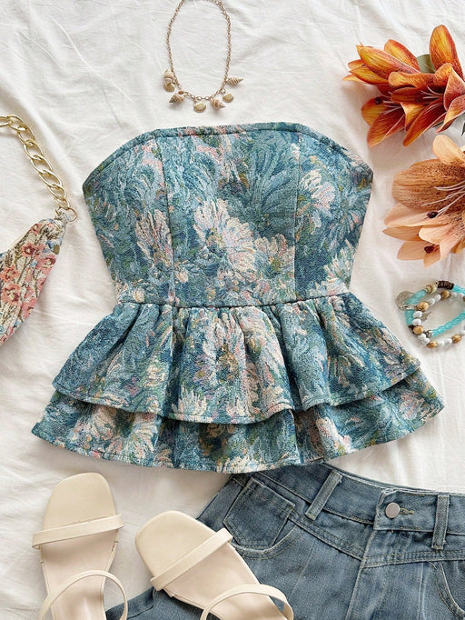 SHEIN Soleia Top sin tirantes con lazo en la espalda y bajo con volantes, estampado floral - Quierox - Tienda Online