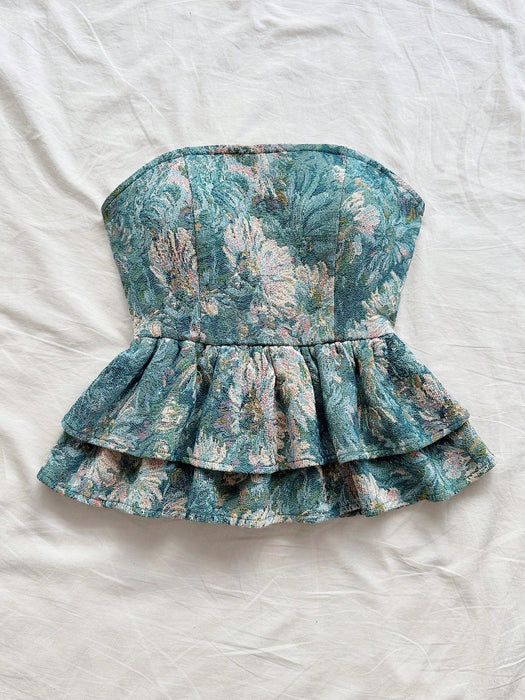 SHEIN Soleia Top sin tirantes con lazo en la espalda y bajo con volantes, estampado floral - Quierox - Tienda Online