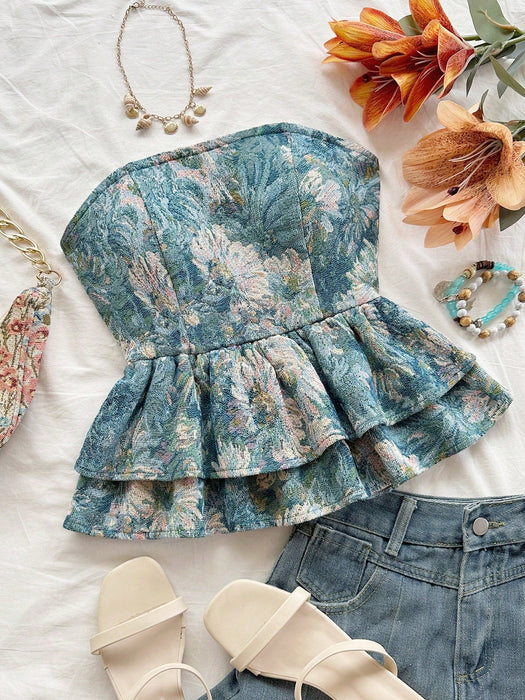 SHEIN Soleia Top sin tirantes con lazo en la espalda y bajo con volantes, estampado floral - Quierox - Tienda Online