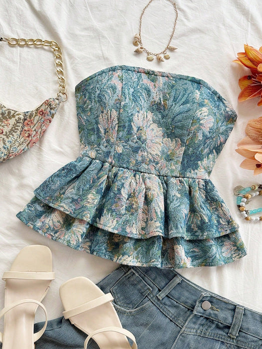 SHEIN Soleia Top sin tirantes con lazo en la espalda y bajo con volantes, estampado floral - Quierox - Tienda Online