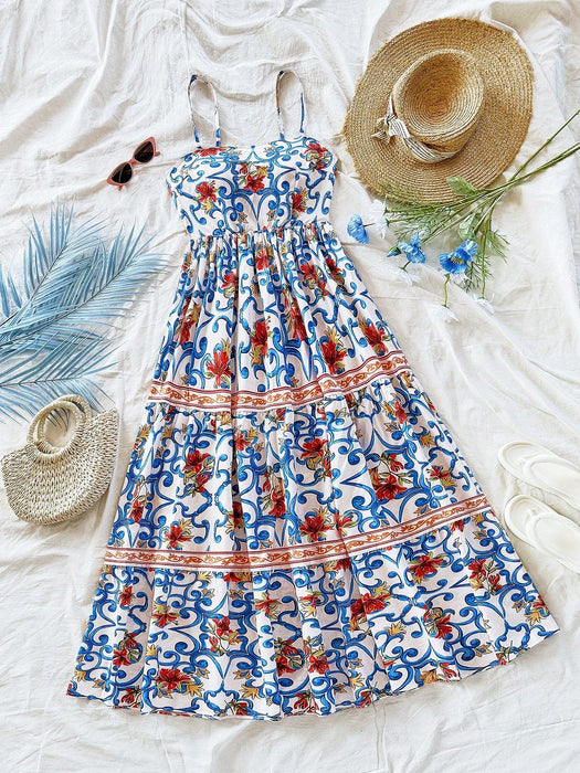 SHEIN Soleia Vestido largo de corte A con estampado retro floral para mujer - Quierox - Tienda Online