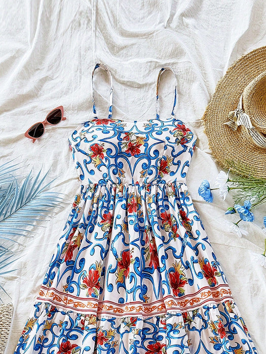 SHEIN Soleia Vestido largo de corte A con estampado retro floral para mujer - Quierox - Tienda Online