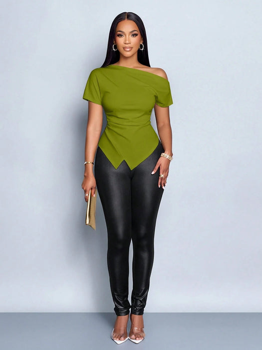 SHEIN SOLERSUN Camiseta elegante de mujer con escote asimétrico, fruncido y bajo asimétrico - Quierox - Tienda Online