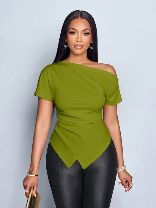 SHEIN SOLERSUN Camiseta elegante de mujer con escote asimétrico, fruncido y bajo asimétrico - Quierox - Tienda Online