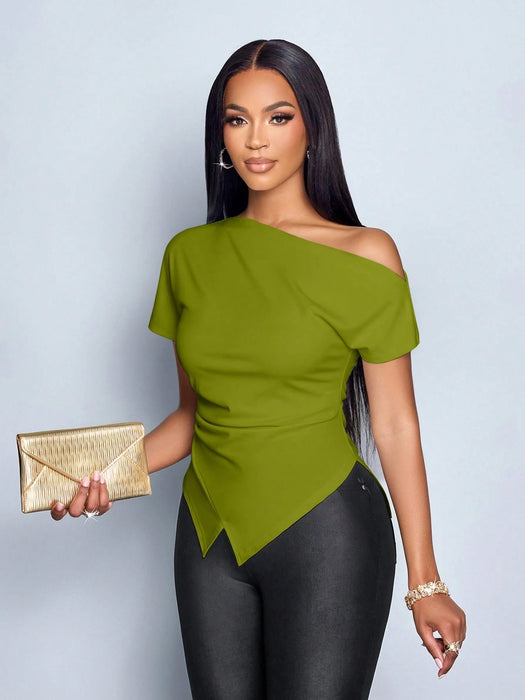 SHEIN SOLERSUN Camiseta elegante de mujer con escote asimétrico, fruncido y bajo asimétrico - Quierox - Tienda Online