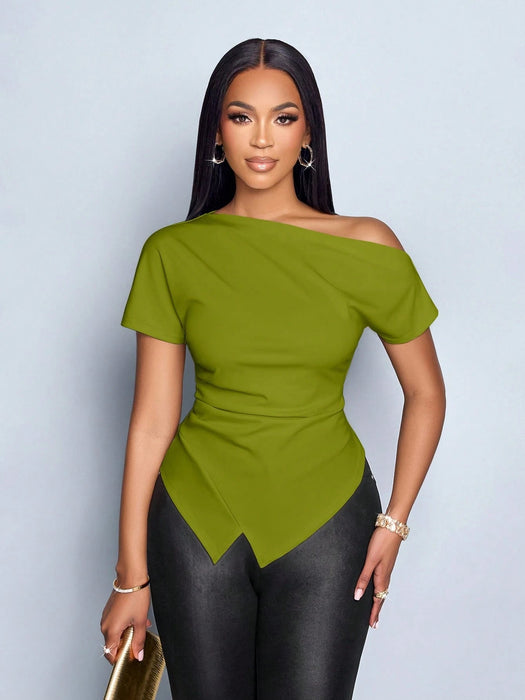 SHEIN SOLERSUN Camiseta elegante de mujer con escote asimétrico, fruncido y bajo asimétrico - Quierox - Tienda Online